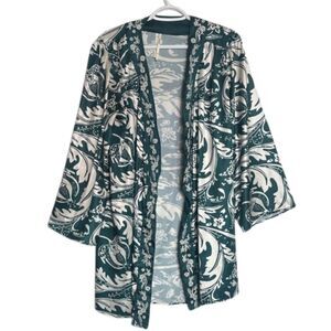By Anthropologie Women Green Embroidered Open Kimono Robe Size S/M Boho Satin